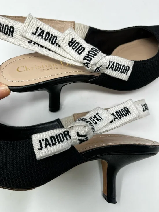 Christian Dior J'Adior Logo Black White Bow Slingback Pumps Kitten Heels 38 8 - Picture 10 of 12